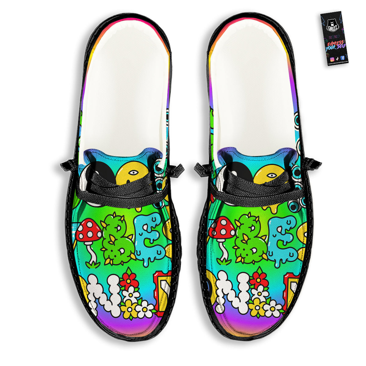 Good Vibes Only Quote Trippy Psychedelic Print Black Loafers-grizzshop