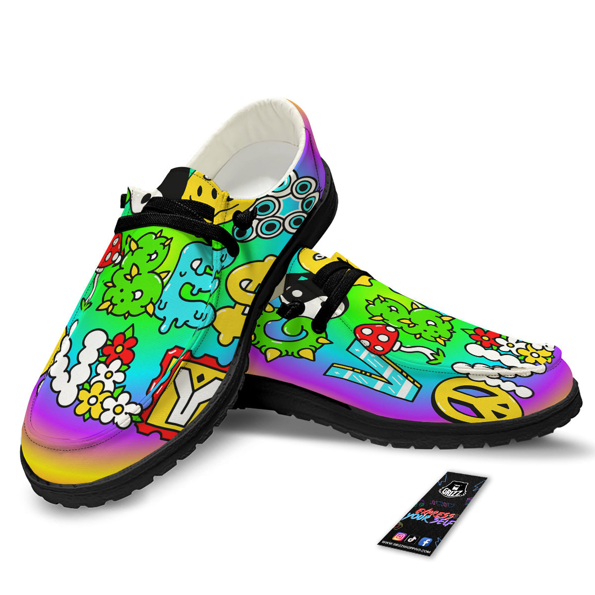 Good Vibes Only Quote Trippy Psychedelic Print Black Loafers-grizzshop