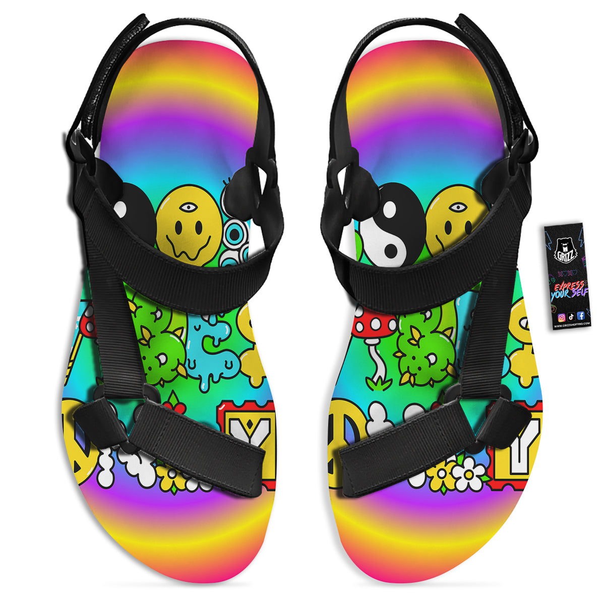 Good Vibes Only Quote Trippy Psychedelic Print Black Open Toe Sandals-grizzshop