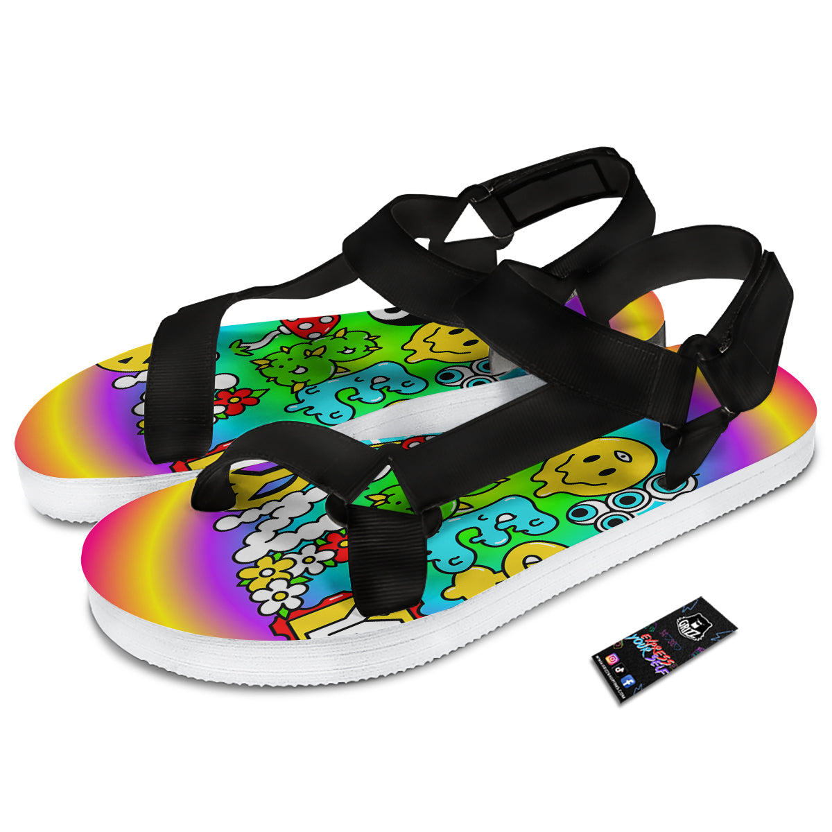 Good Vibes Only Quote Trippy Psychedelic Print Black Open Toe Sandals-grizzshop