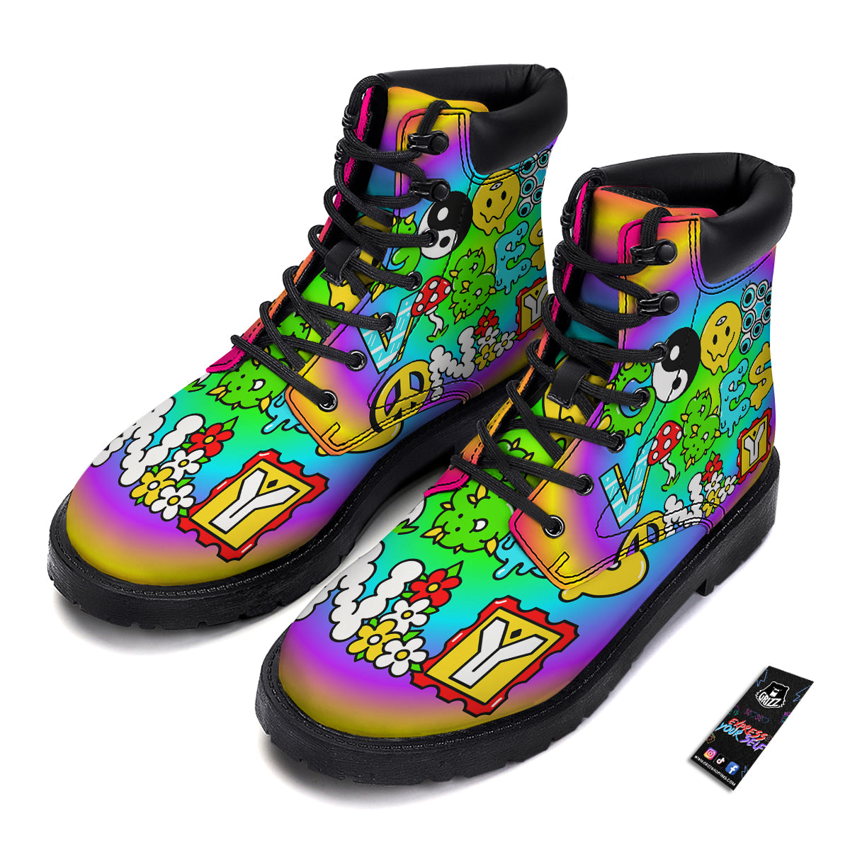 Good Vibes Only Quote Trippy Psychedelic Print Boots-grizzshop