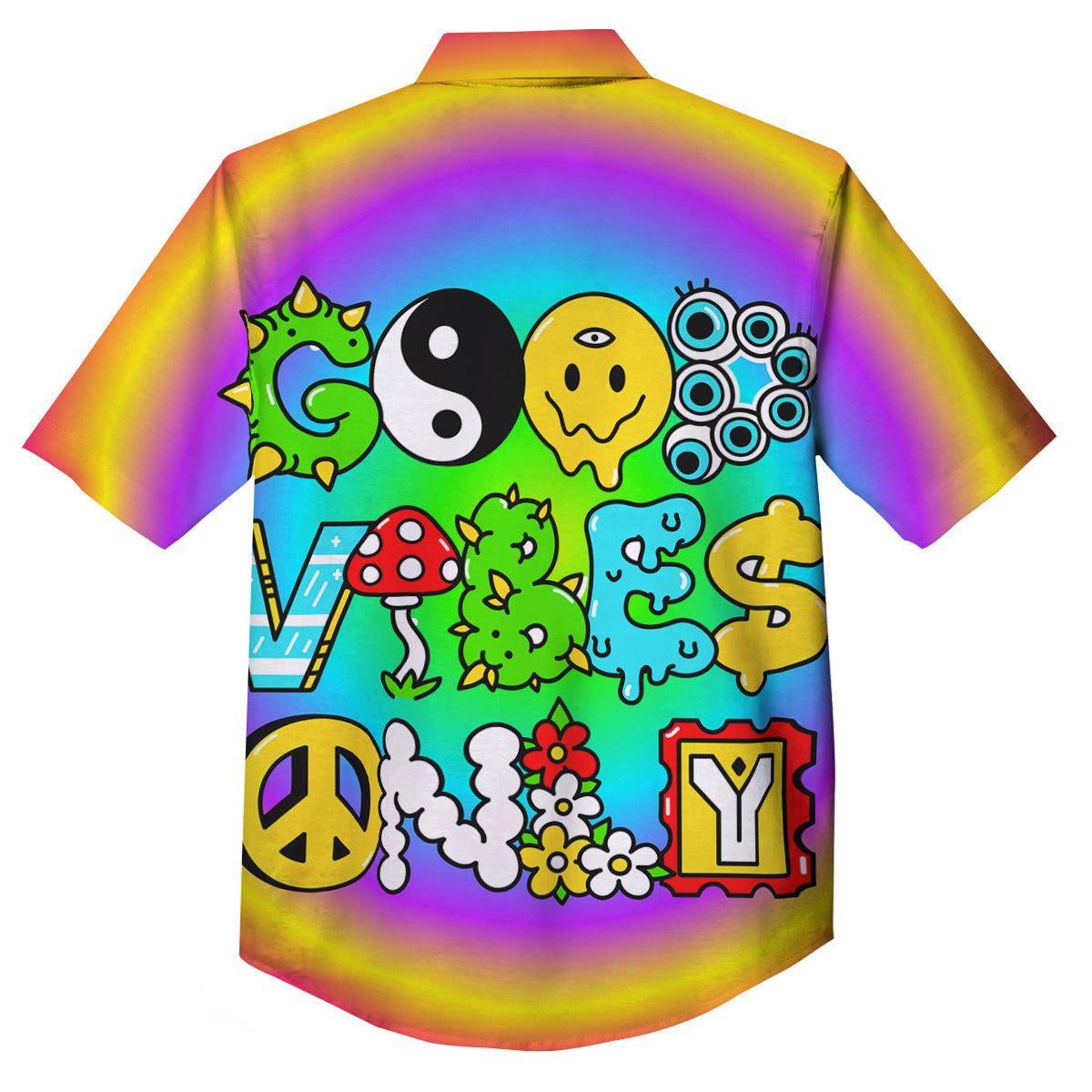 Good Vibes Only Quote Trippy Psychedelic Print Button Up Shirt-grizzshop