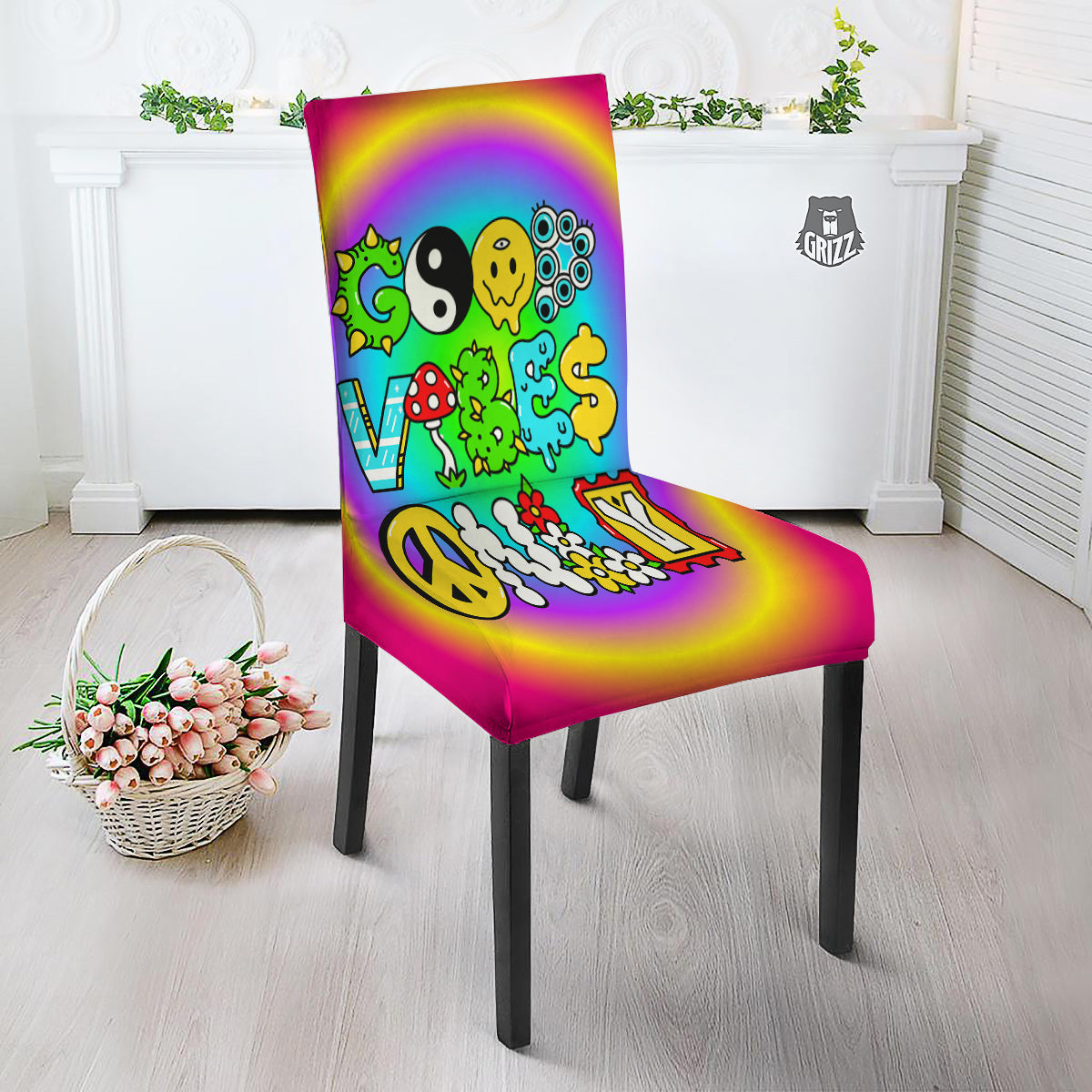 Good Vibes Only Quote Trippy Psychedelic Print Dining Chair Slipcover-grizzshop
