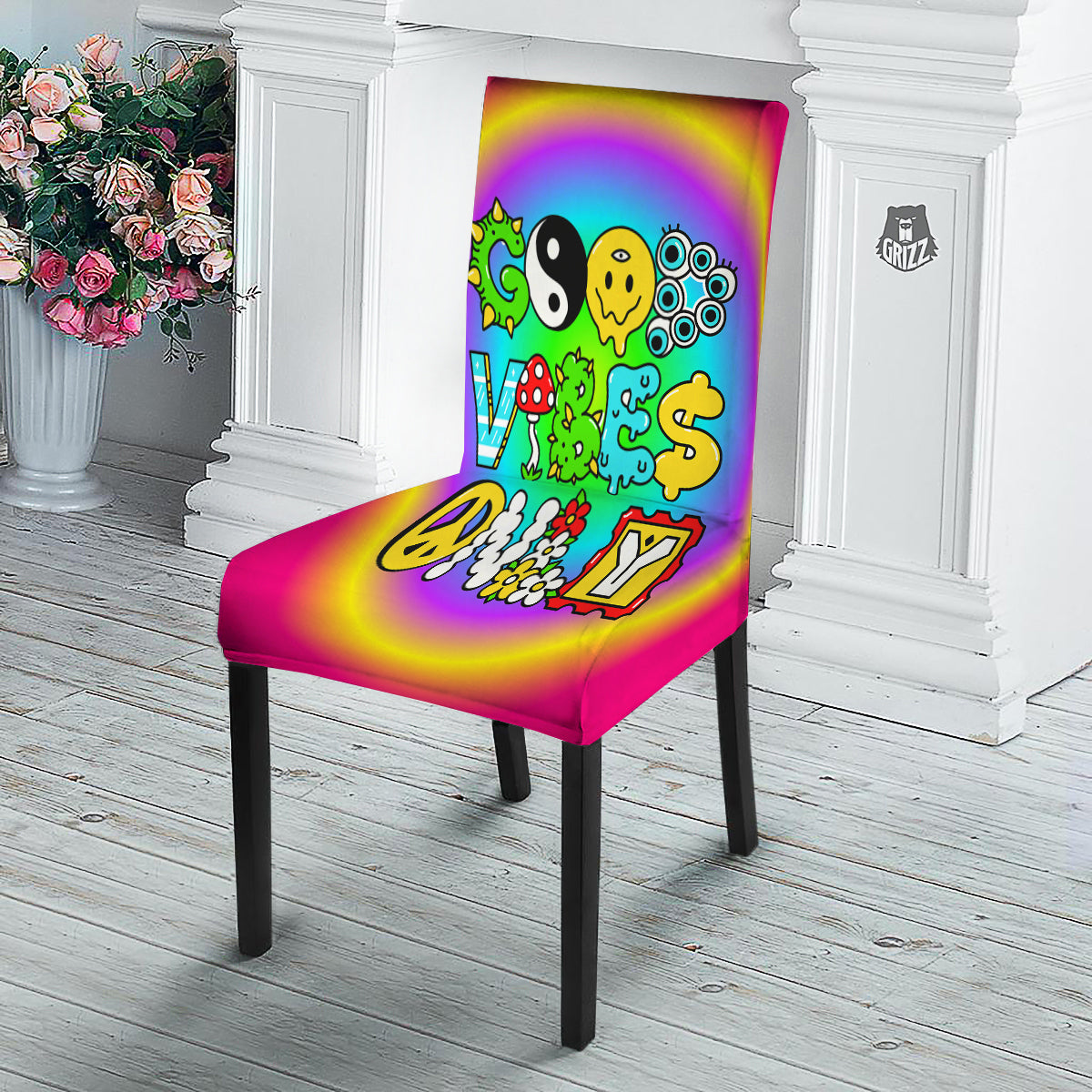 Good Vibes Only Quote Trippy Psychedelic Print Dining Chair Slipcover-grizzshop