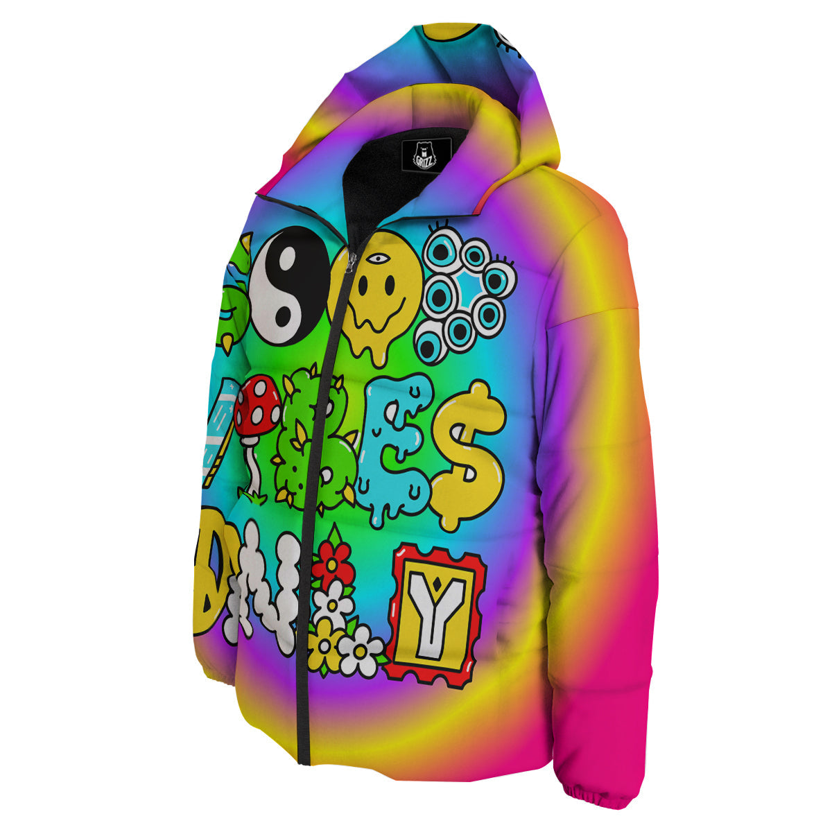 Good Vibes Only Quote Trippy Psychedelic Print Down Jacket-grizzshop