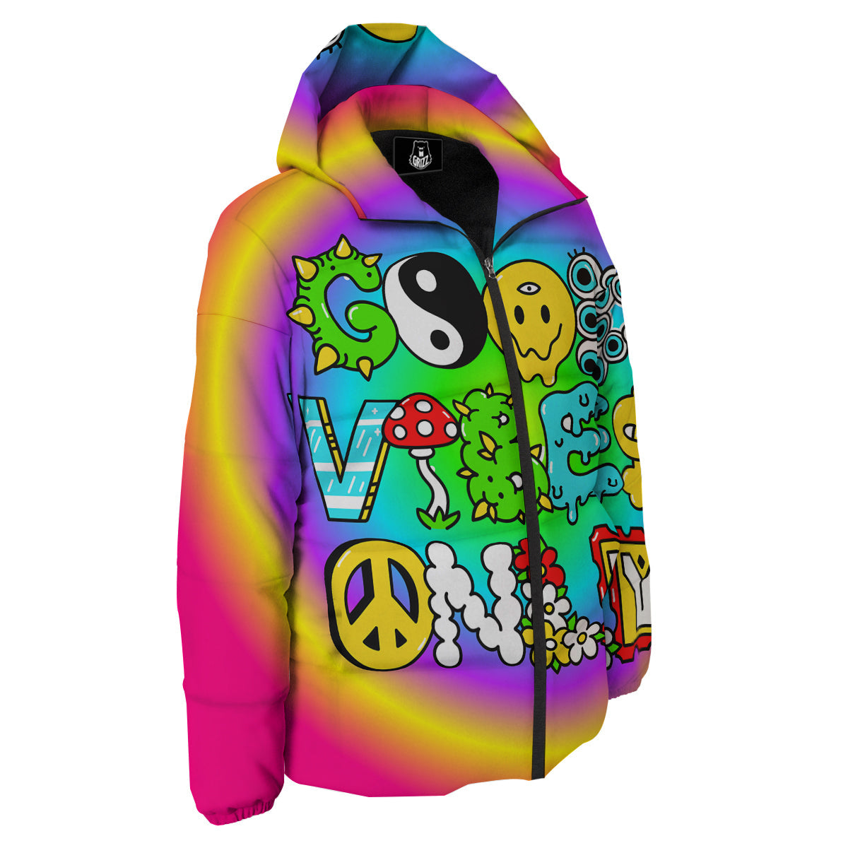 Good Vibes Only Quote Trippy Psychedelic Print Down Jacket-grizzshop