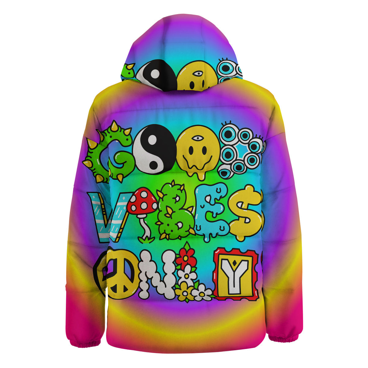 Good Vibes Only Quote Trippy Psychedelic Print Down Jacket-grizzshop