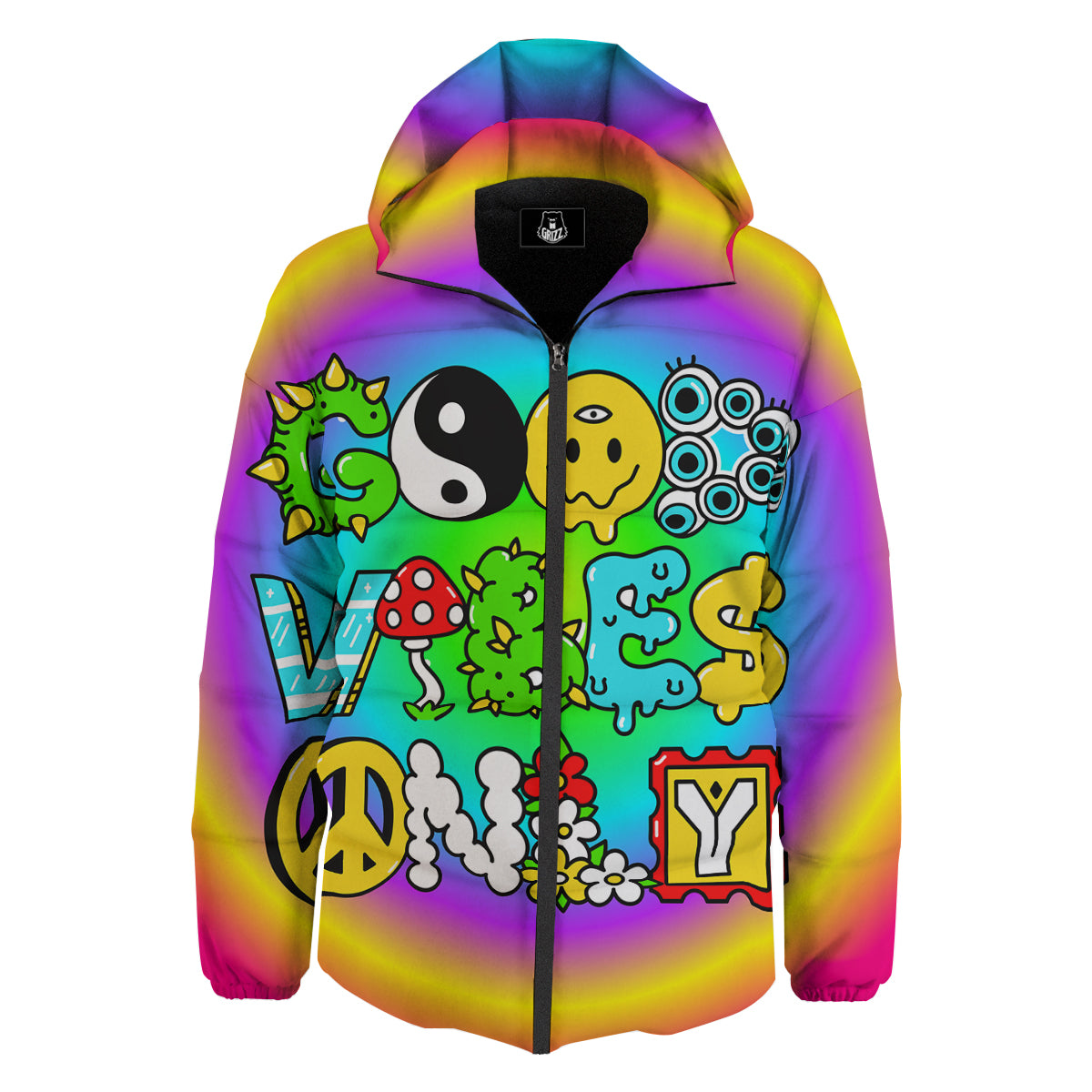 Good Vibes Only Quote Trippy Psychedelic Print Down Jacket-grizzshop