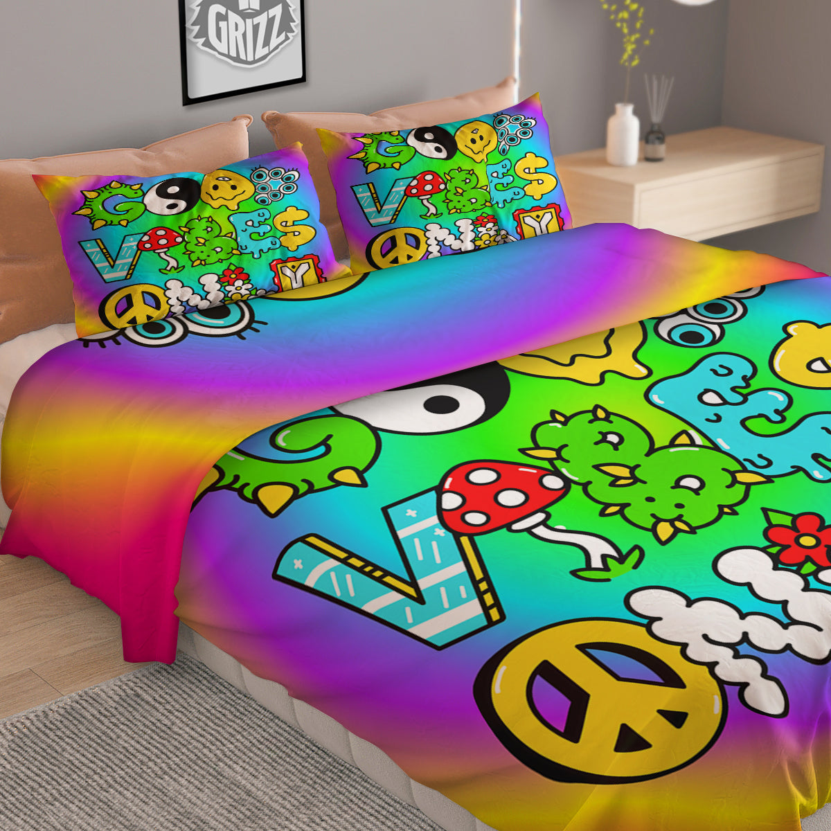 Good Vibes Only Quote Trippy Psychedelic Print Duvet Cover Bedding Set