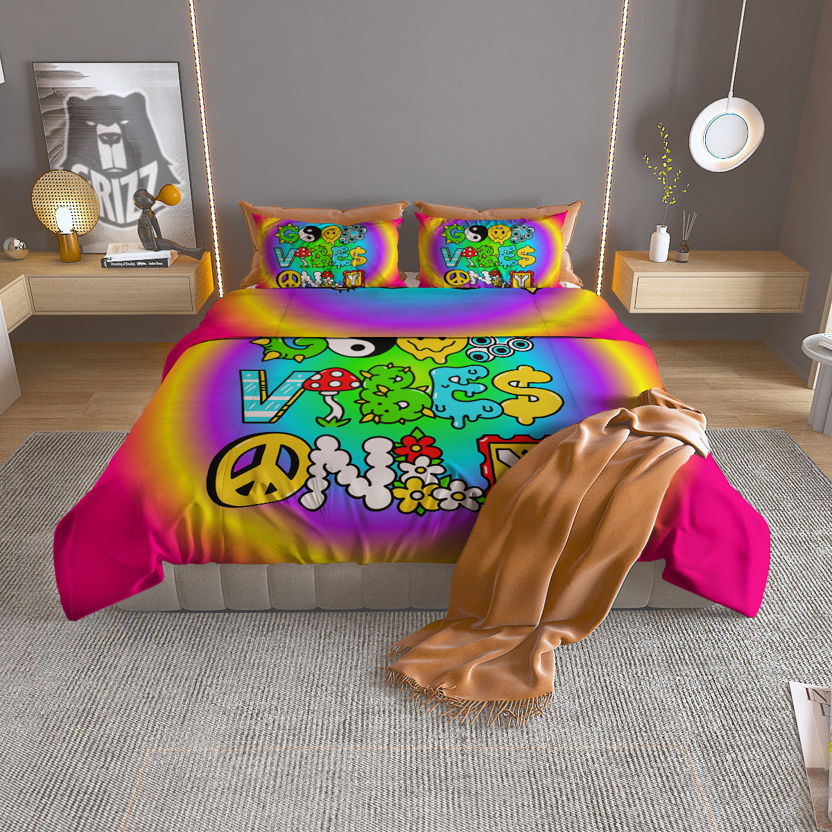 Good Vibes Only Quote Trippy Psychedelic Print Duvet Cover Bedding Set