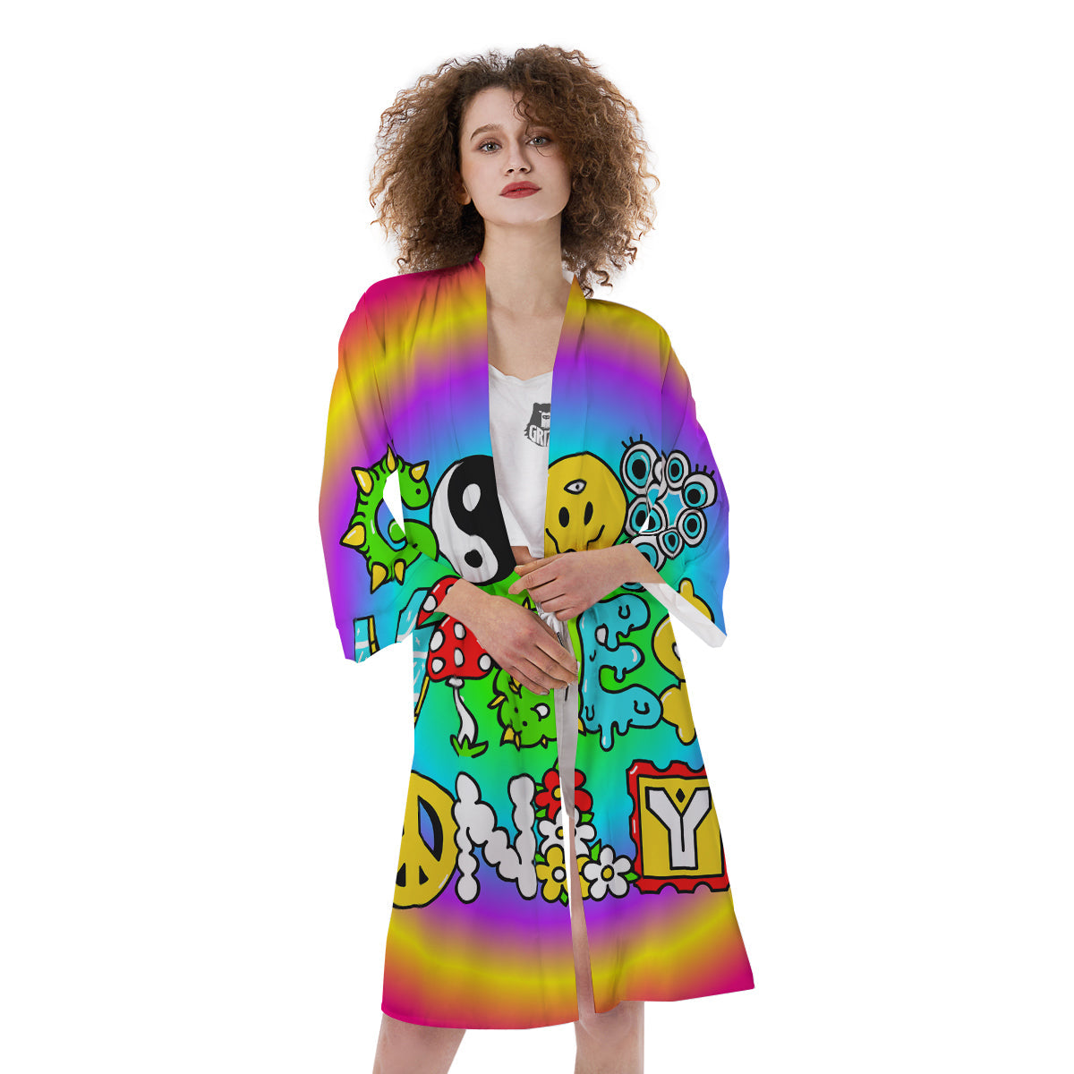 Good Vibes Only Quote Trippy Psychedelic Print Kimono-grizzshop
