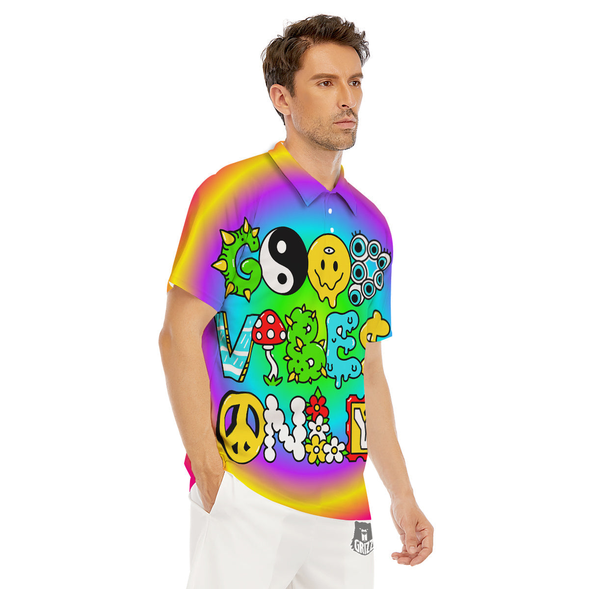 Good Vibes Only Quote Trippy Psychedelic Print Men's Golf Shirts-grizzshop
