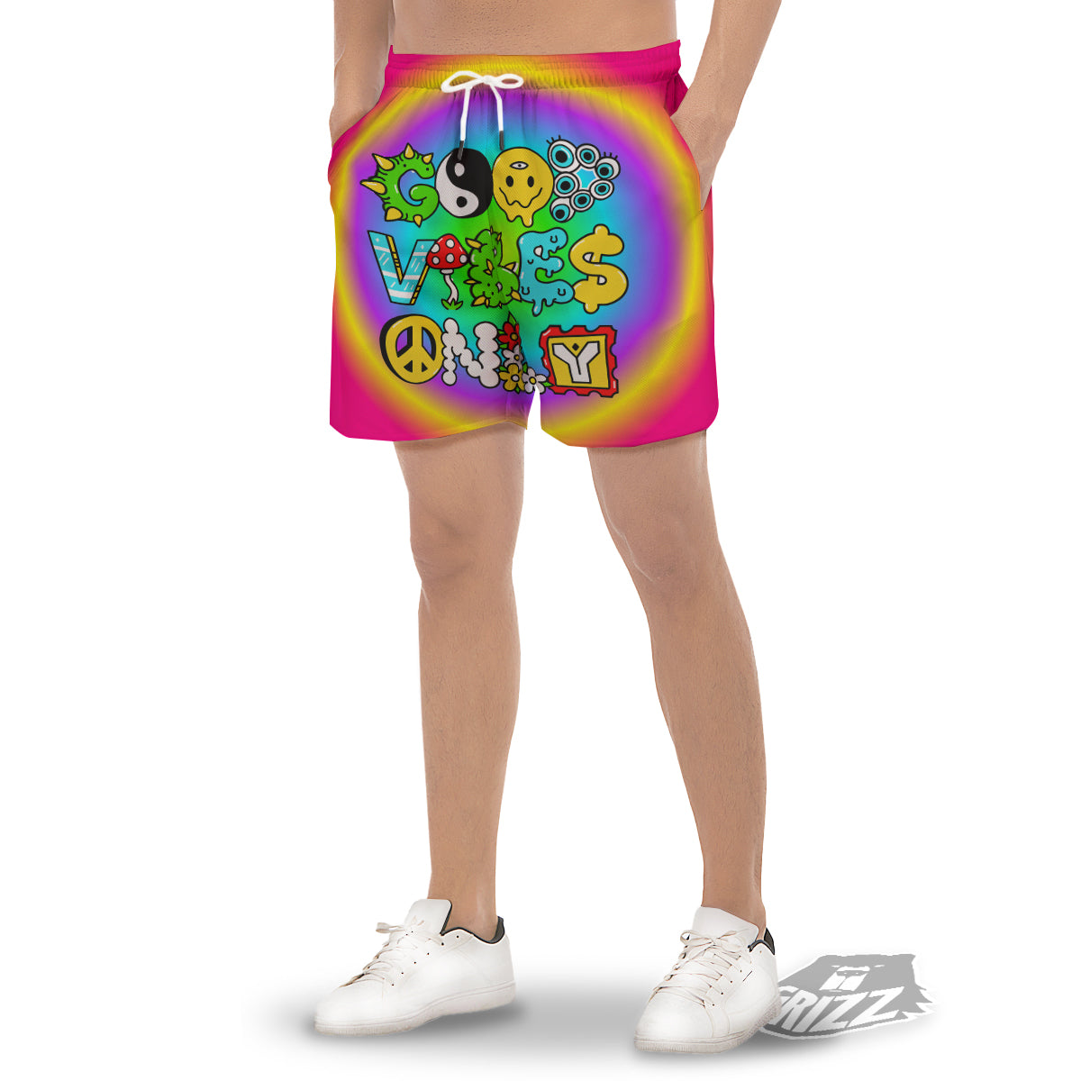 Good Vibes Only Quote Trippy Psychedelic Print Men's Gym Shorts-grizzshop