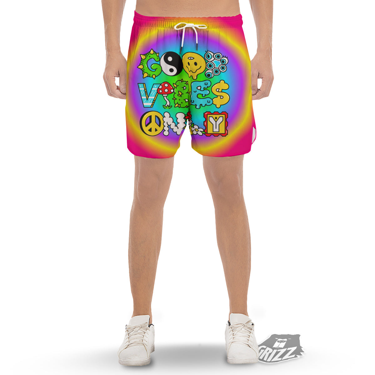 Good Vibes Only Quote Trippy Psychedelic Print Men's Gym Shorts-grizzshop