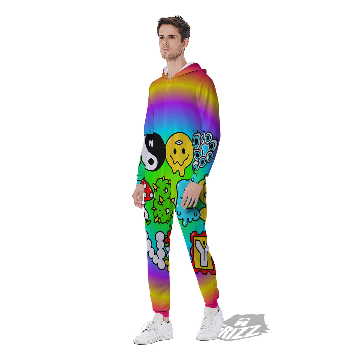 Good Vibes Only Quote Trippy Psychedelic Print Men's Jumpsuit-grizzshop