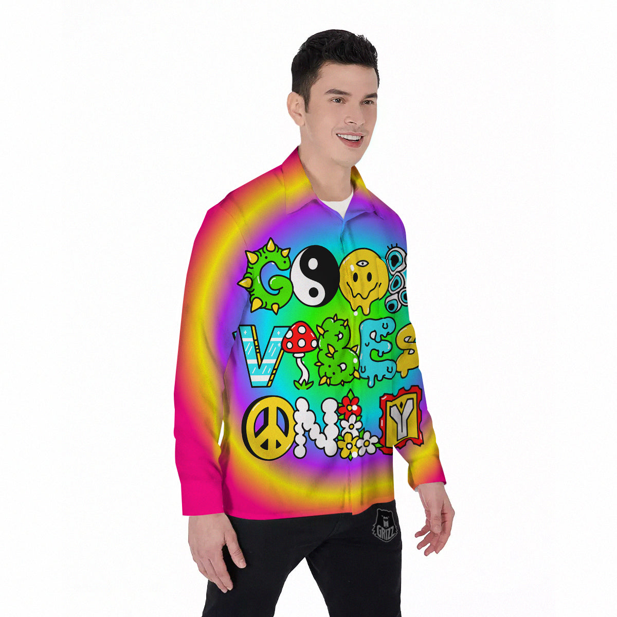Good Vibes Only Quote Trippy Psychedelic Print Men's Long Sleeve Shirts-grizzshop