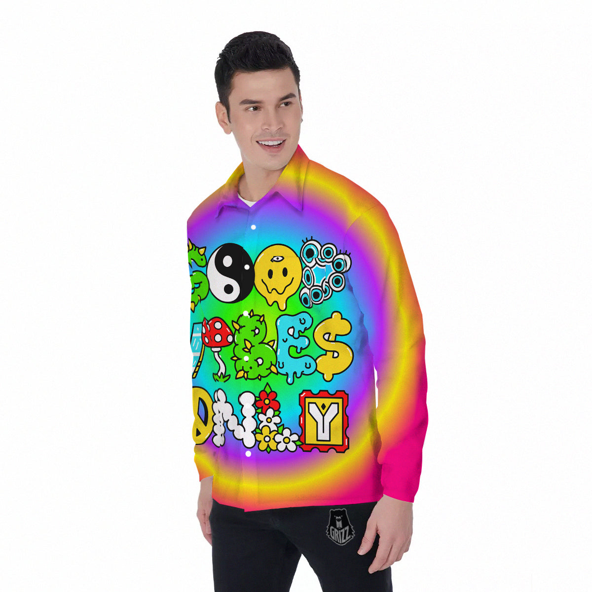 Good Vibes Only Quote Trippy Psychedelic Print Men's Long Sleeve Shirts-grizzshop