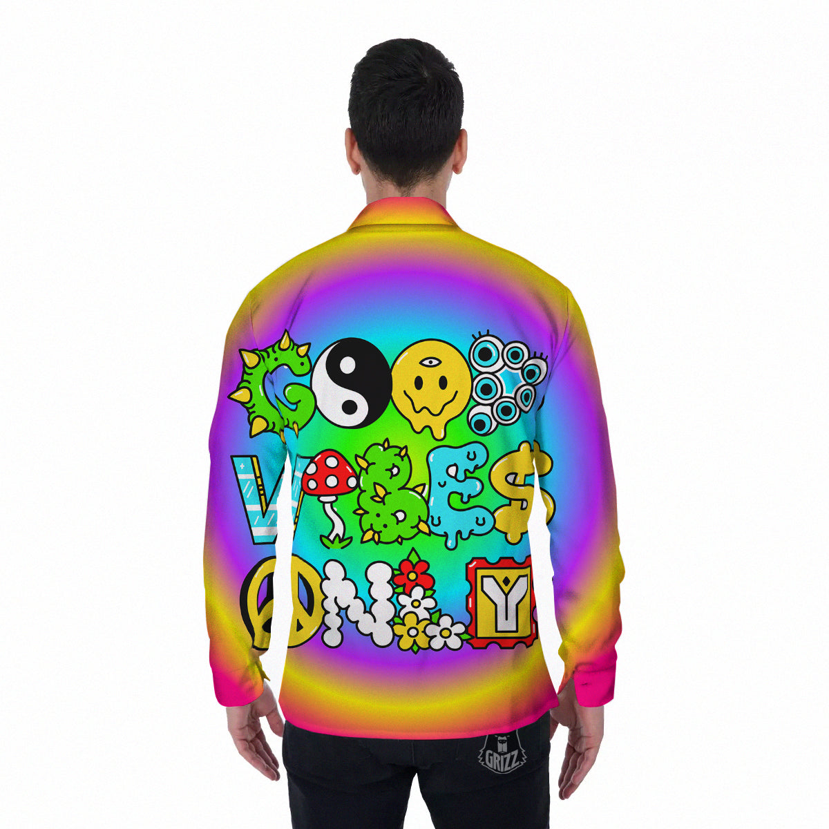 Good Vibes Only Quote Trippy Psychedelic Print Men's Long Sleeve Shirts-grizzshop