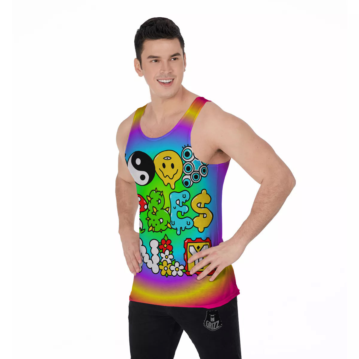 Good Vibes Only Quote Trippy Psychedelic Print Men's Tank Top-grizzshop