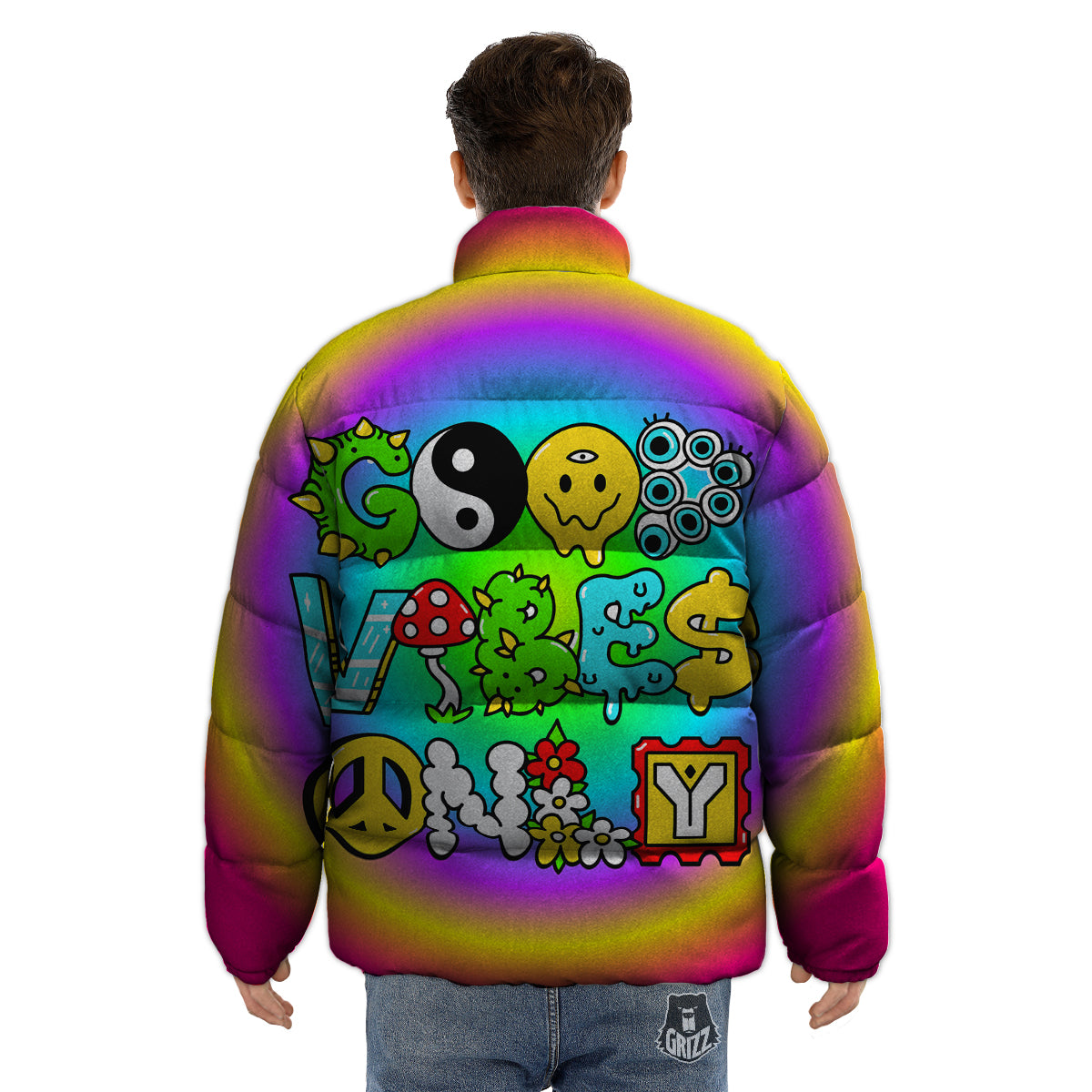 Good Vibes Only Quote Trippy Psychedelic Print Puffer Jacket-grizzshop