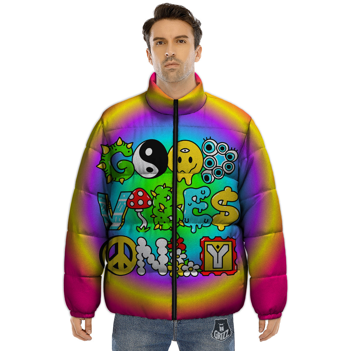 Good Vibes Only Quote Trippy Psychedelic Print Puffer Jacket-grizzshop