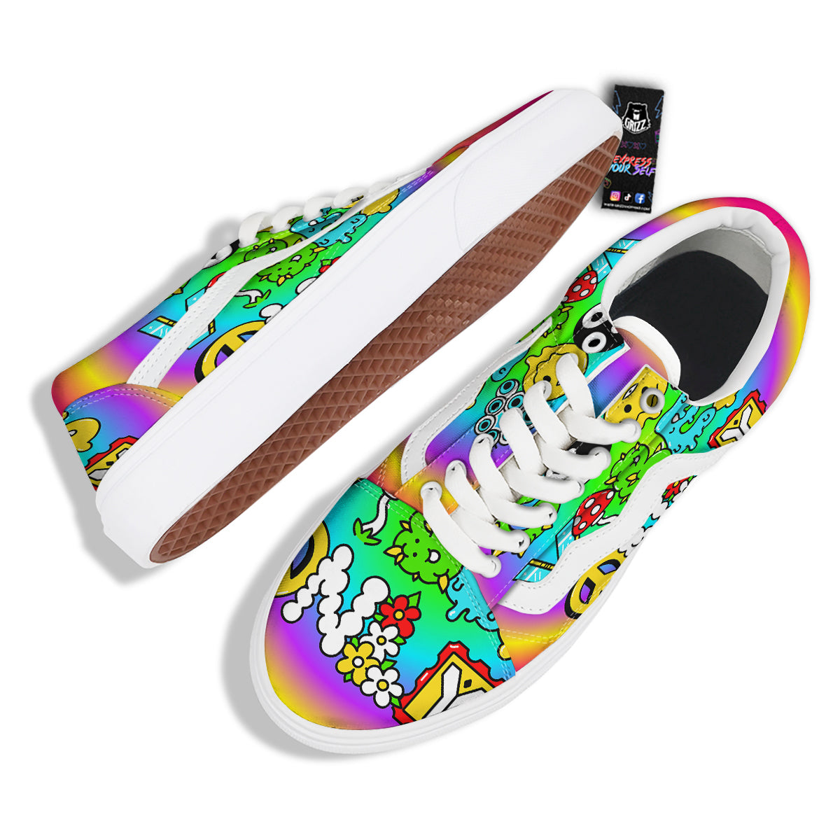 Good Vibes Only Quote Trippy Psychedelic Print Skate Shoes-grizzshop