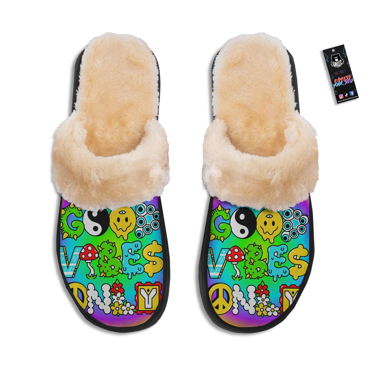 Good Vibes Only Quote Trippy Psychedelic Print Slippers-grizzshop