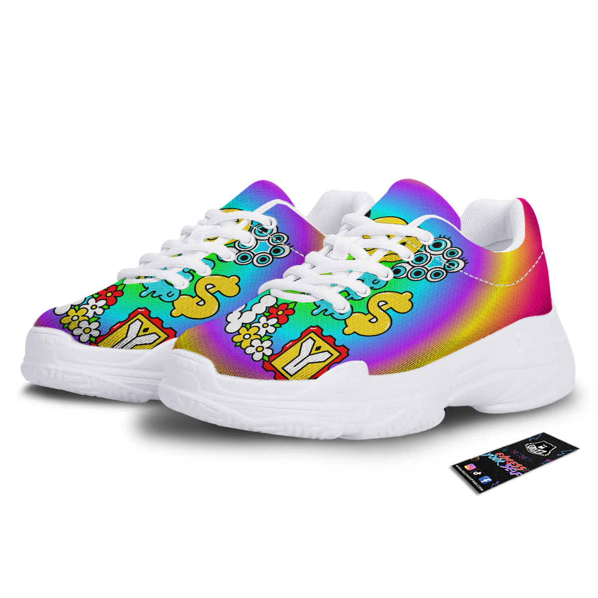 Good Vibes Only Quote Trippy Psychedelic Print White Chunky Shoes-grizzshop
