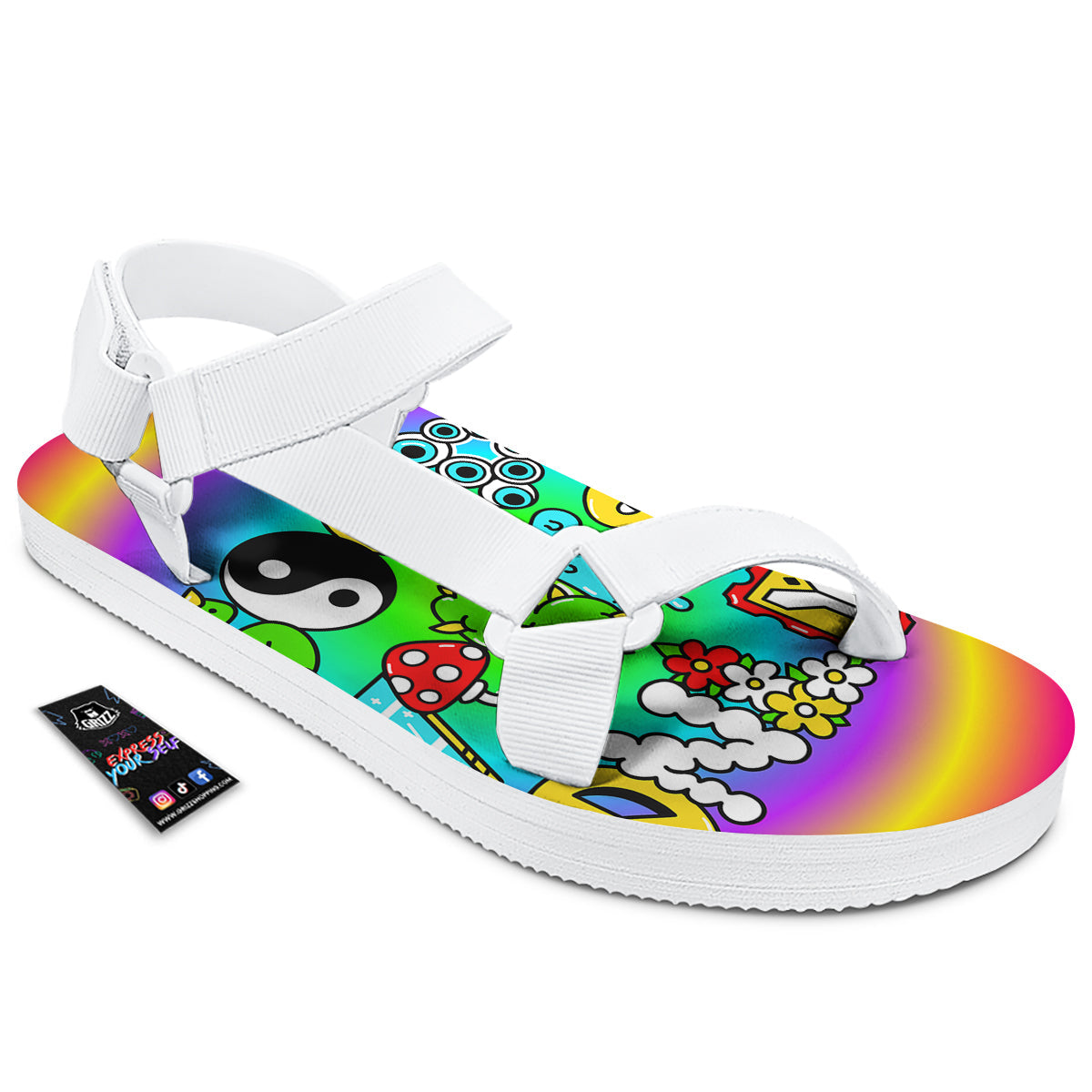 Good Vibes Only Quote Trippy Psychedelic Print White Open Toe Sandals-grizzshop