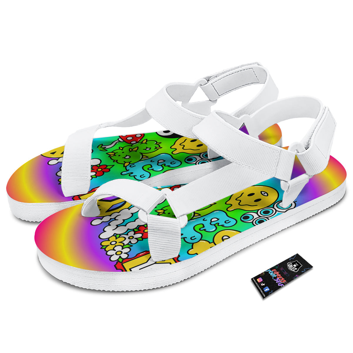 Good Vibes Only Quote Trippy Psychedelic Print White Open Toe Sandals-grizzshop