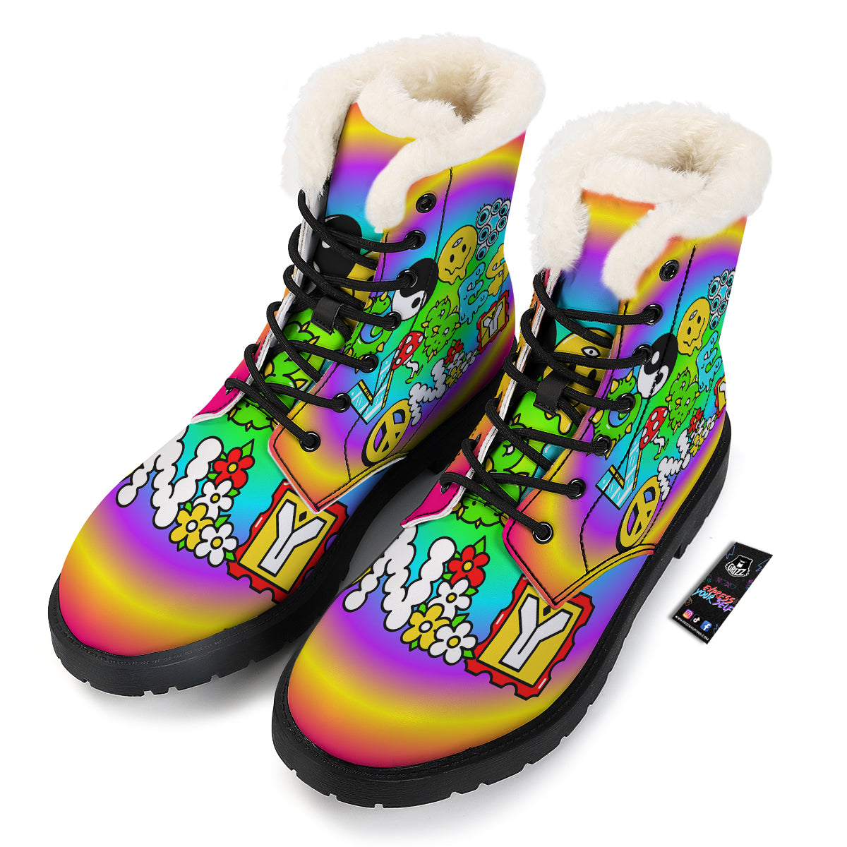 Good Vibes Only Quote Trippy Psychedelic Print Winter Boots-grizzshop