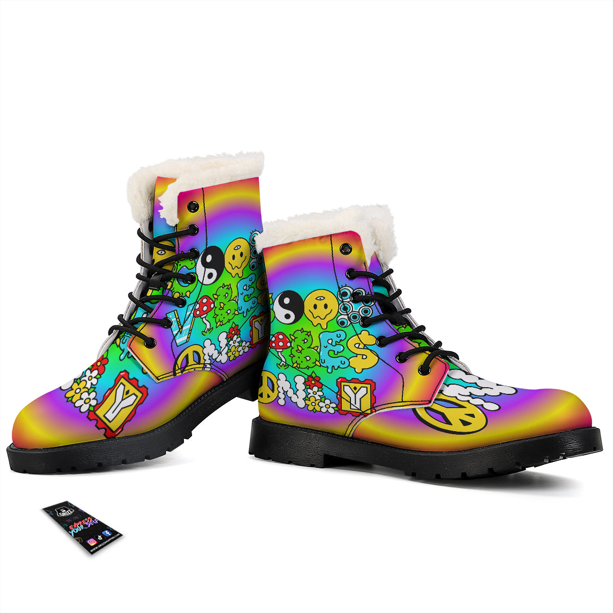 Good Vibes Only Quote Trippy Psychedelic Print Winter Boots-grizzshop