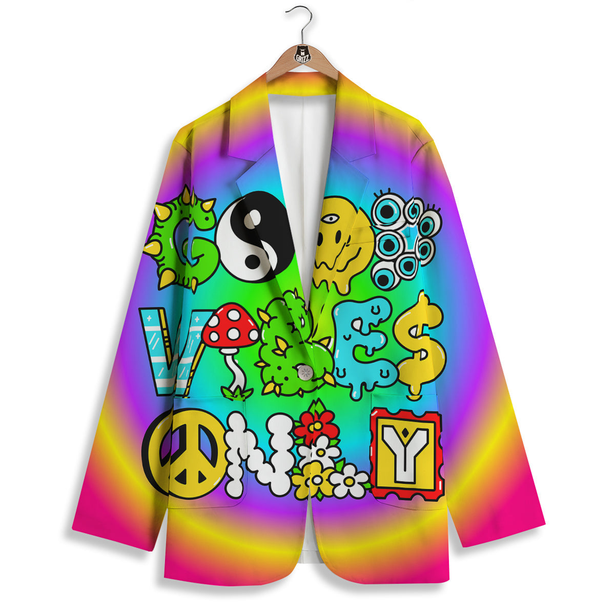 Good Vibes Only Quote Trippy Psychedelic Print Women's Blazer-grizzshop