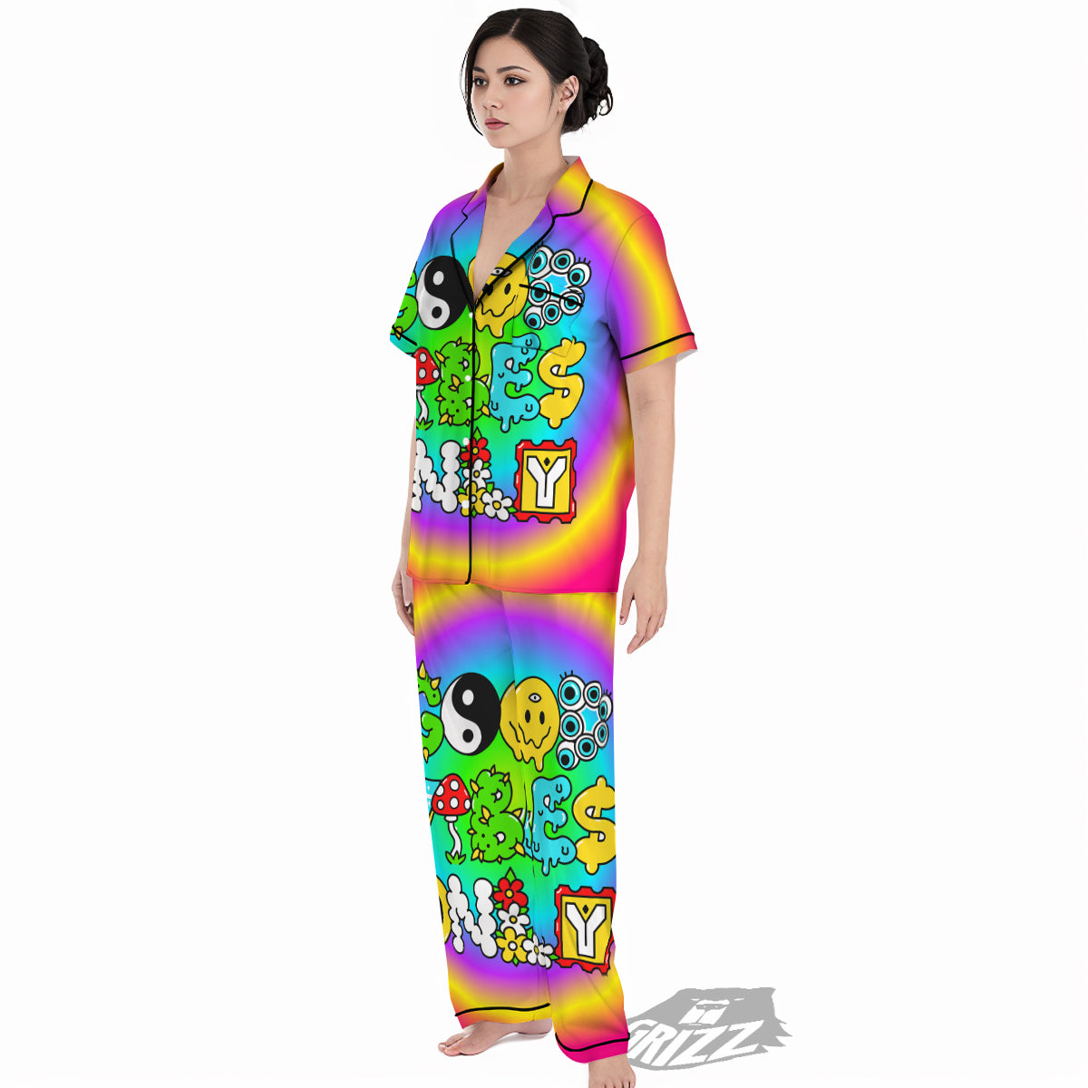 Good Vibes Only Quote Trippy Psychedelic Print Women's Pajamas Set-grizzshop
