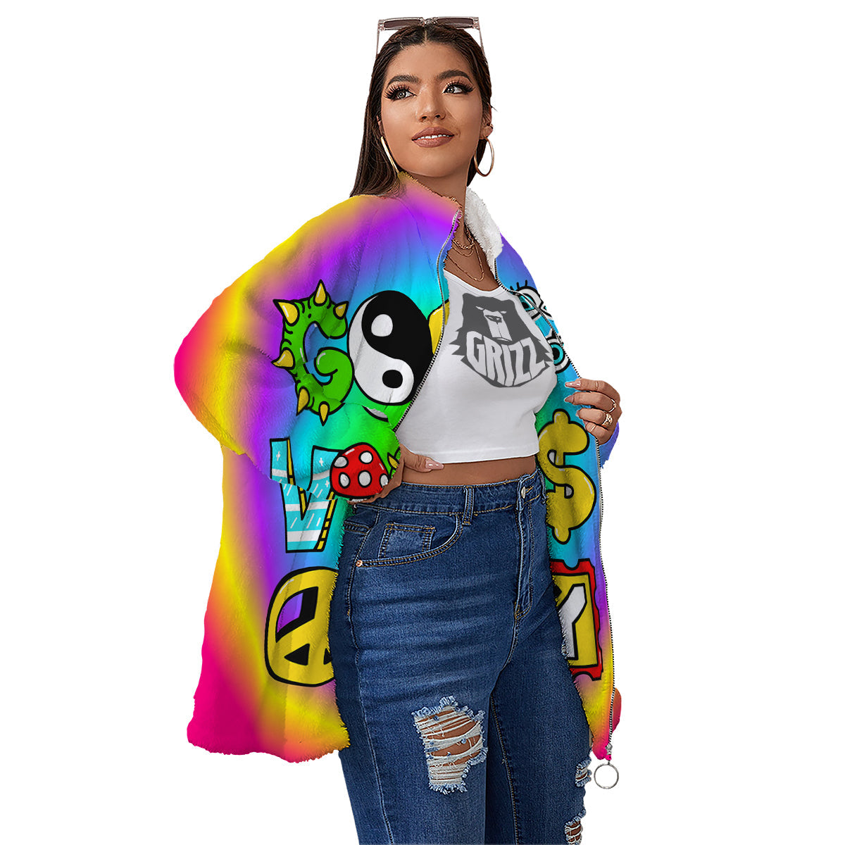 Good Vibes Only Quote Trippy Psychedelic Print Women's Sherpa Jacket-grizzshop