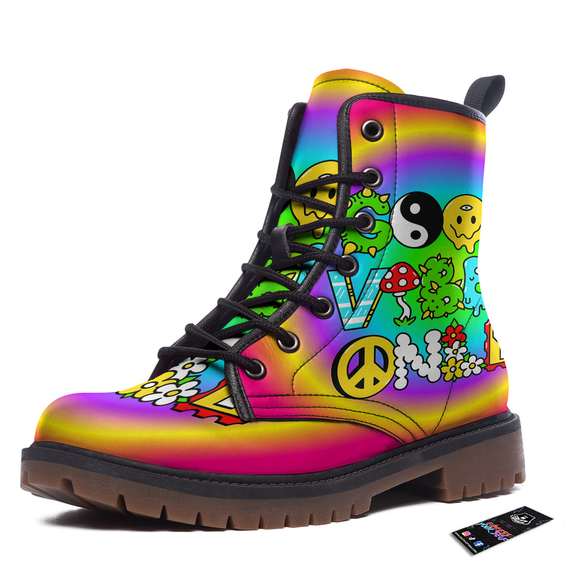 Good Vibes Only Quote Trippy Psychedelic Print Work Boots-grizzshop