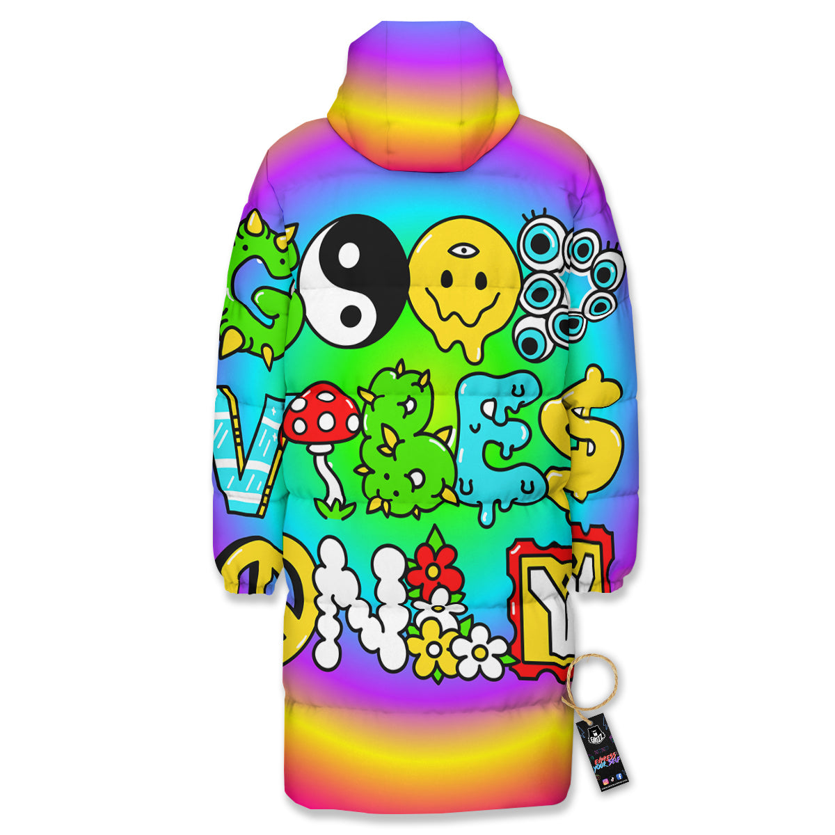 Good Vibes Only Quote Trippy Psychedelic Print Long Down Jacket