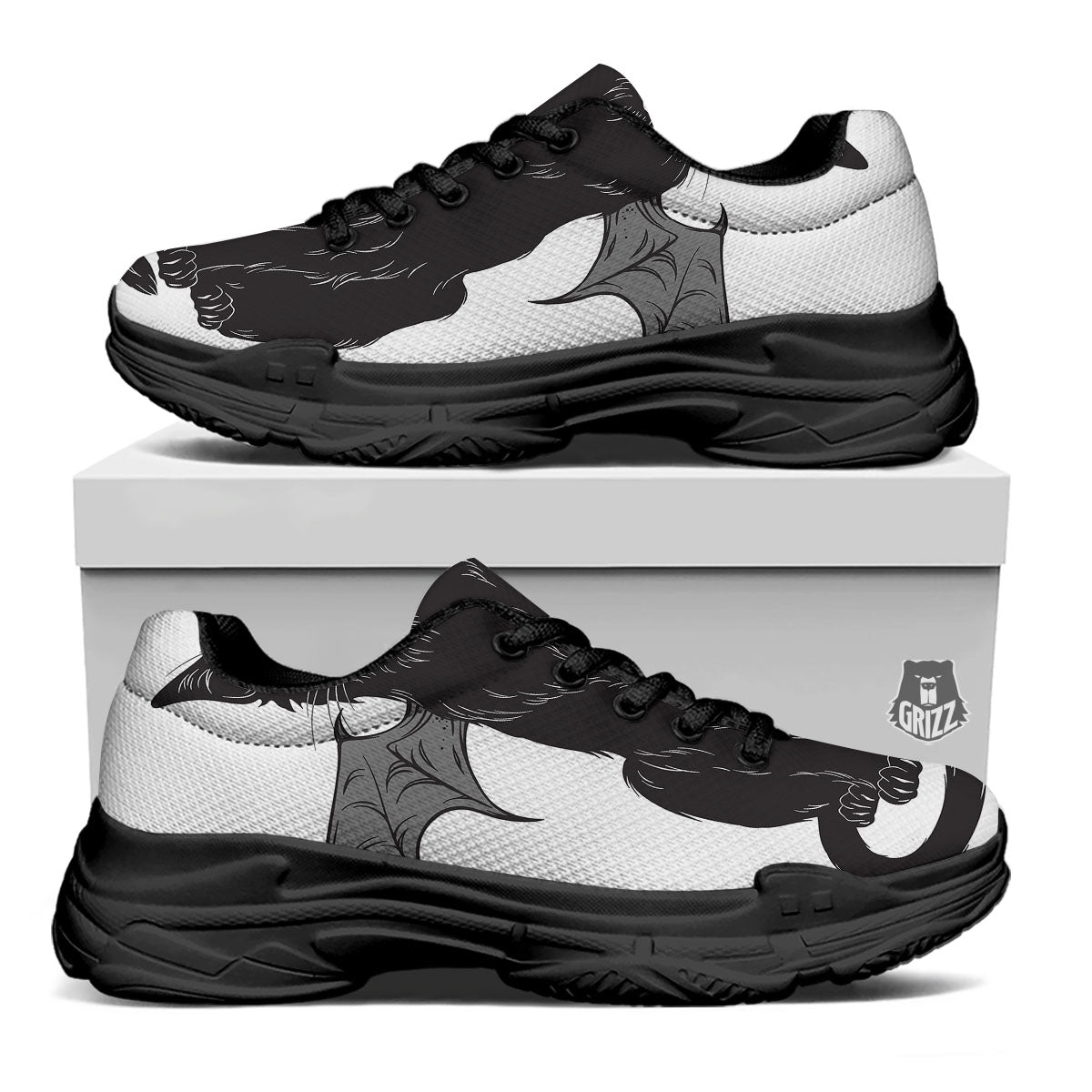 Gothic Wiccan Cat White And Black Print Black Chunky Shoes-grizzshop