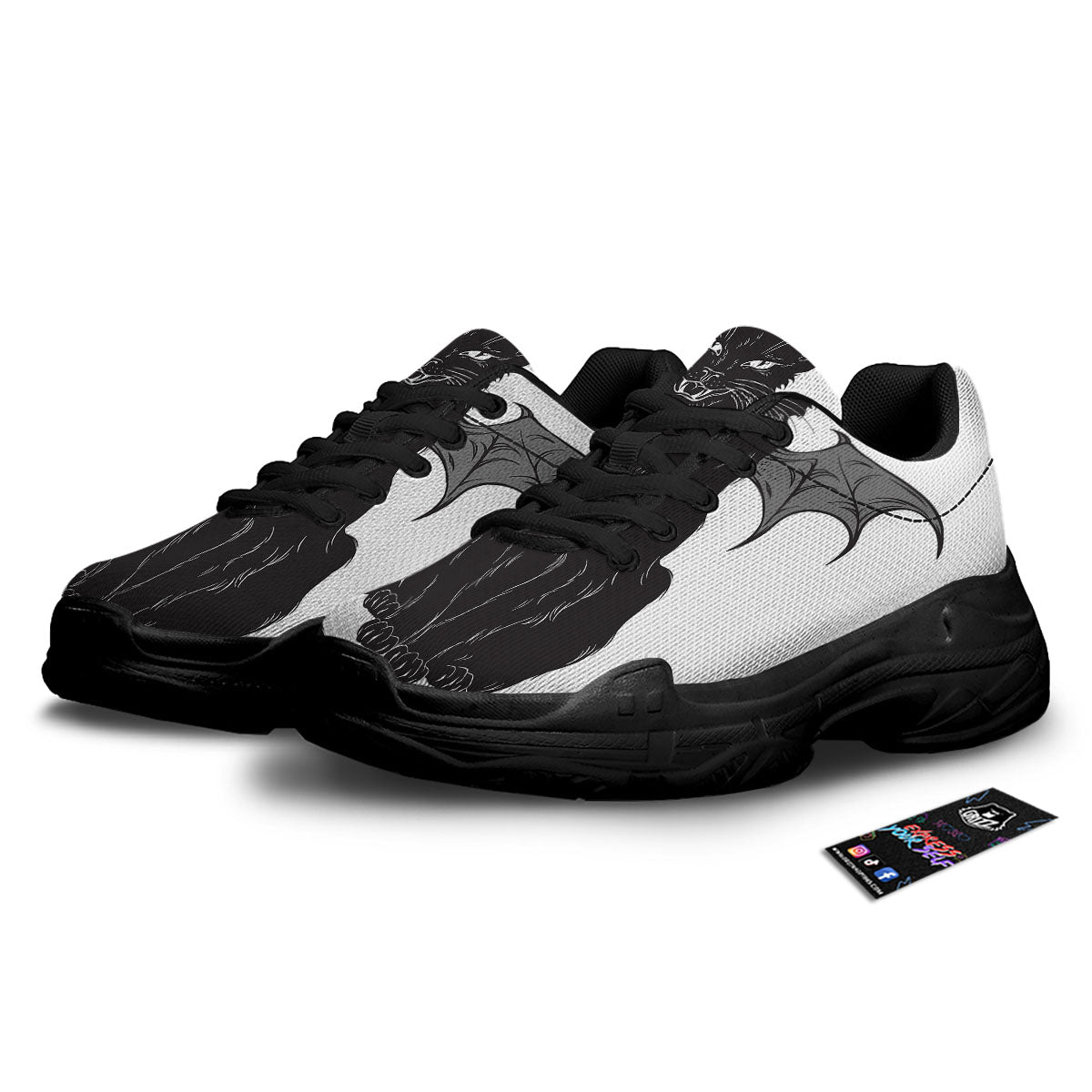 Gothic Wiccan Cat White And Black Print Black Chunky Shoes-grizzshop