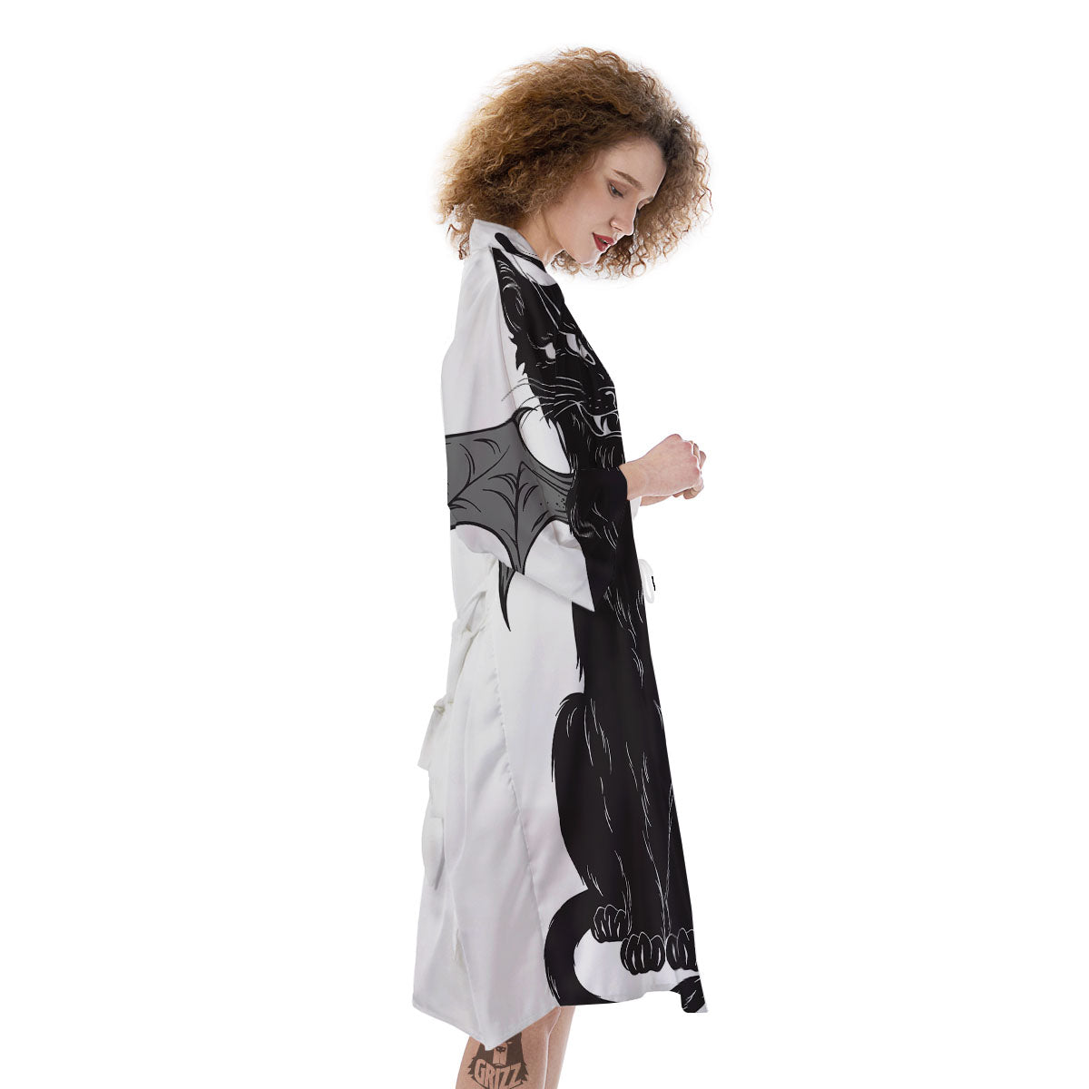 Gothic Wiccan Cat White And Black Print Kimono-grizzshop