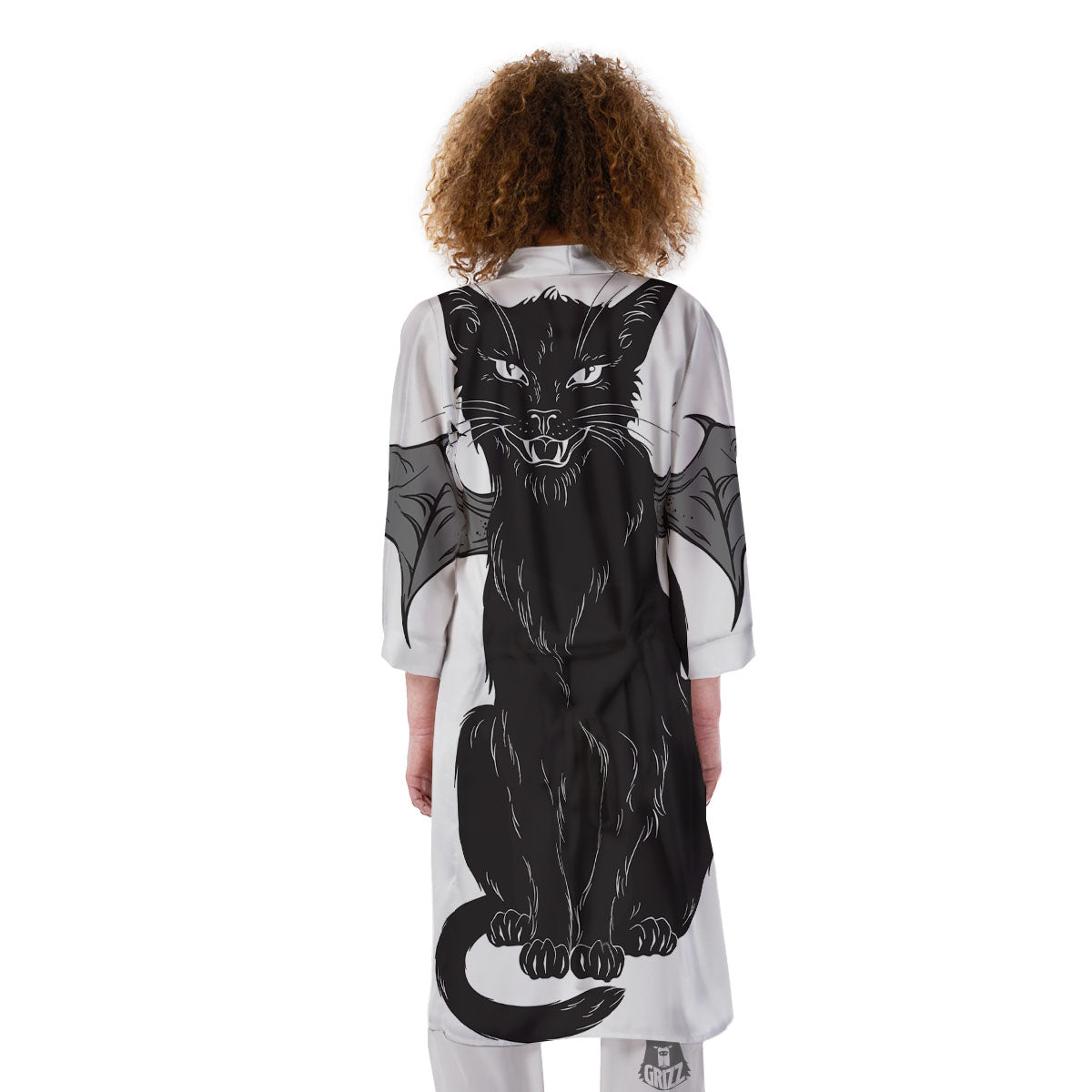 Gothic Wiccan Cat White And Black Print Kimono-grizzshop