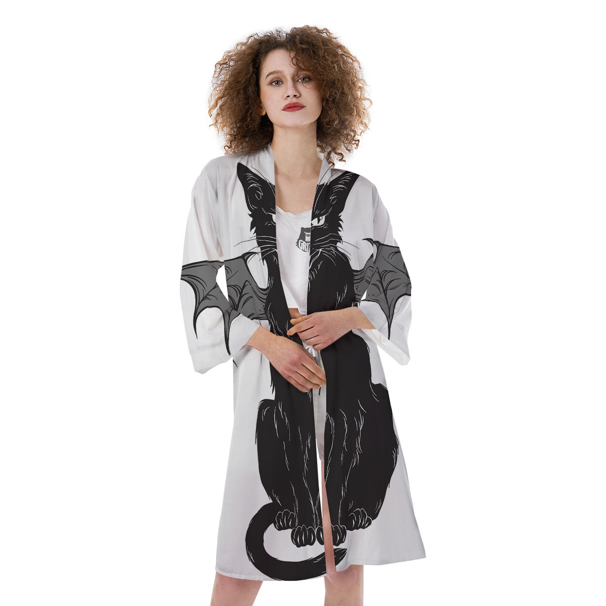 Gothic Wiccan Cat White And Black Print Kimono-grizzshop