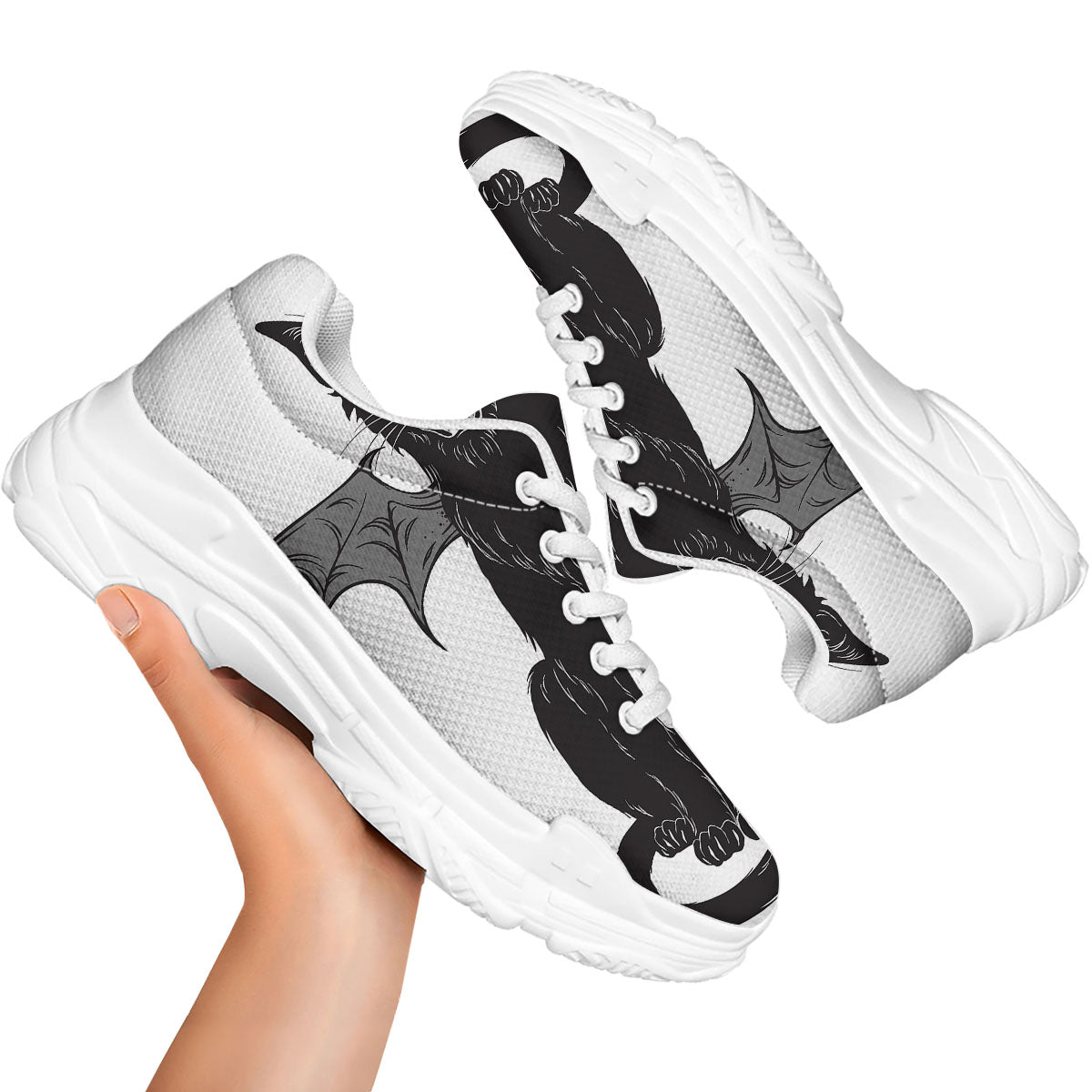 Gothic Wiccan Cat White And Black Print White Chunky Shoes-grizzshop