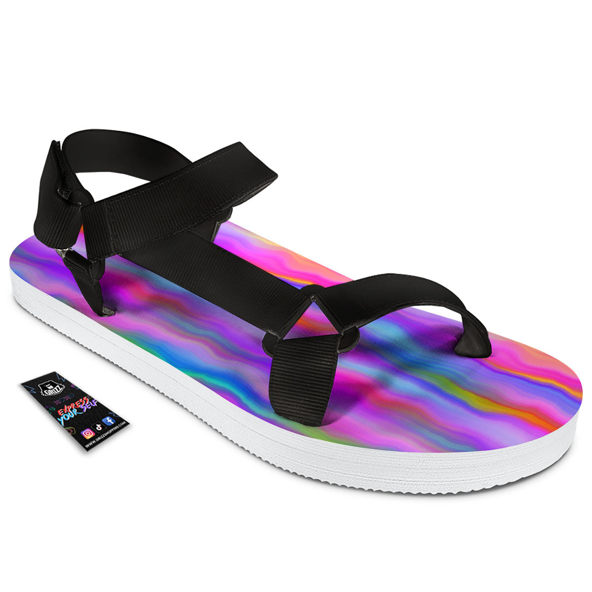 Gradient Psychedelic Print Pattern Black Open Toe Sandals-grizzshop
