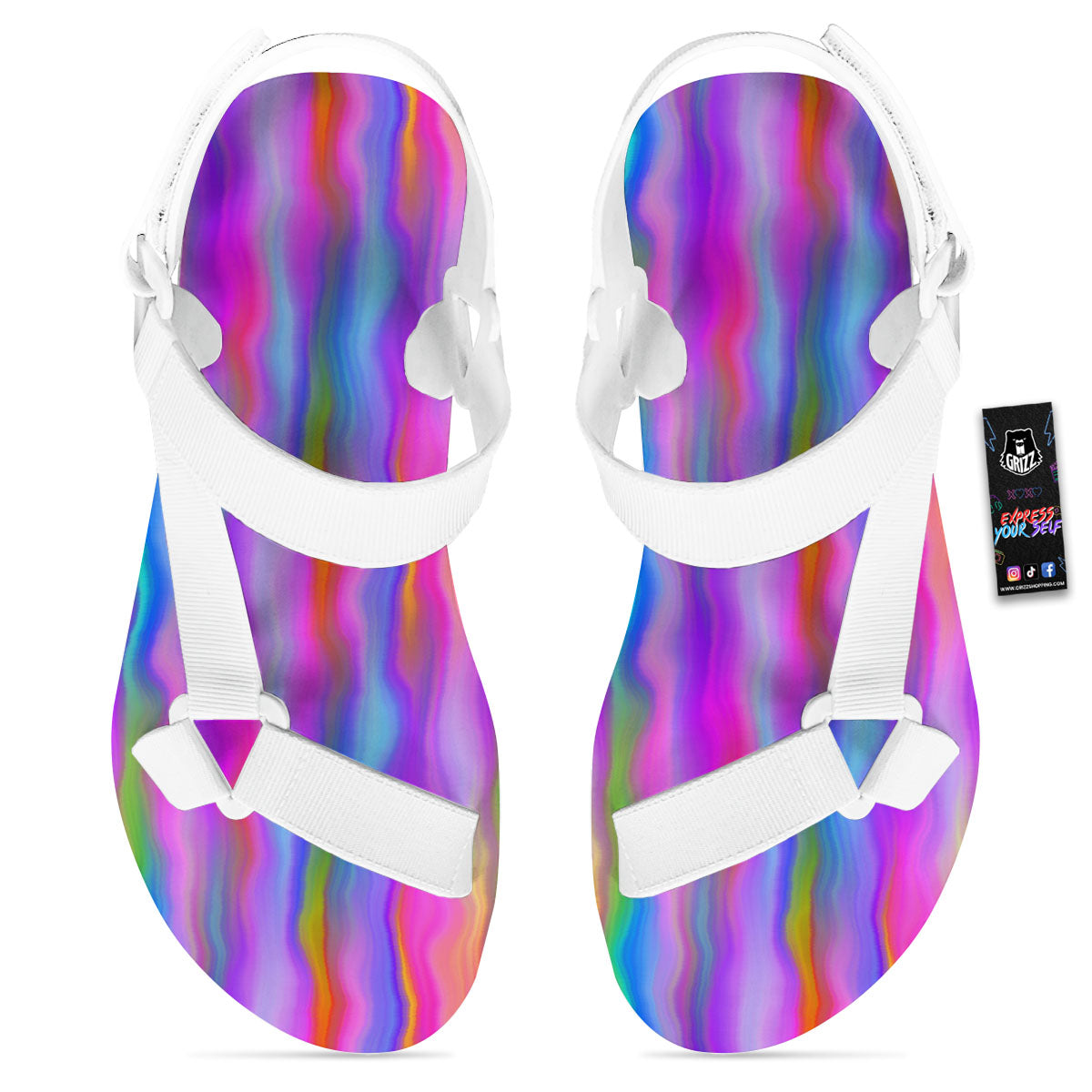 Gradient Psychedelic Print Pattern White Open Toe Sandals-grizzshop