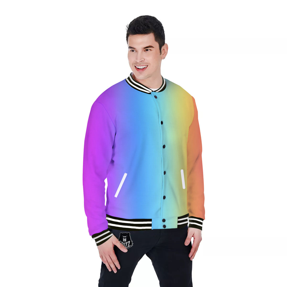 Gradient Rainbow Print Pattern Baseball Jacket-grizzshop