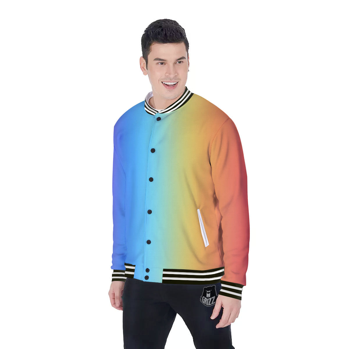 Gradient Rainbow Print Pattern Baseball Jacket-grizzshop