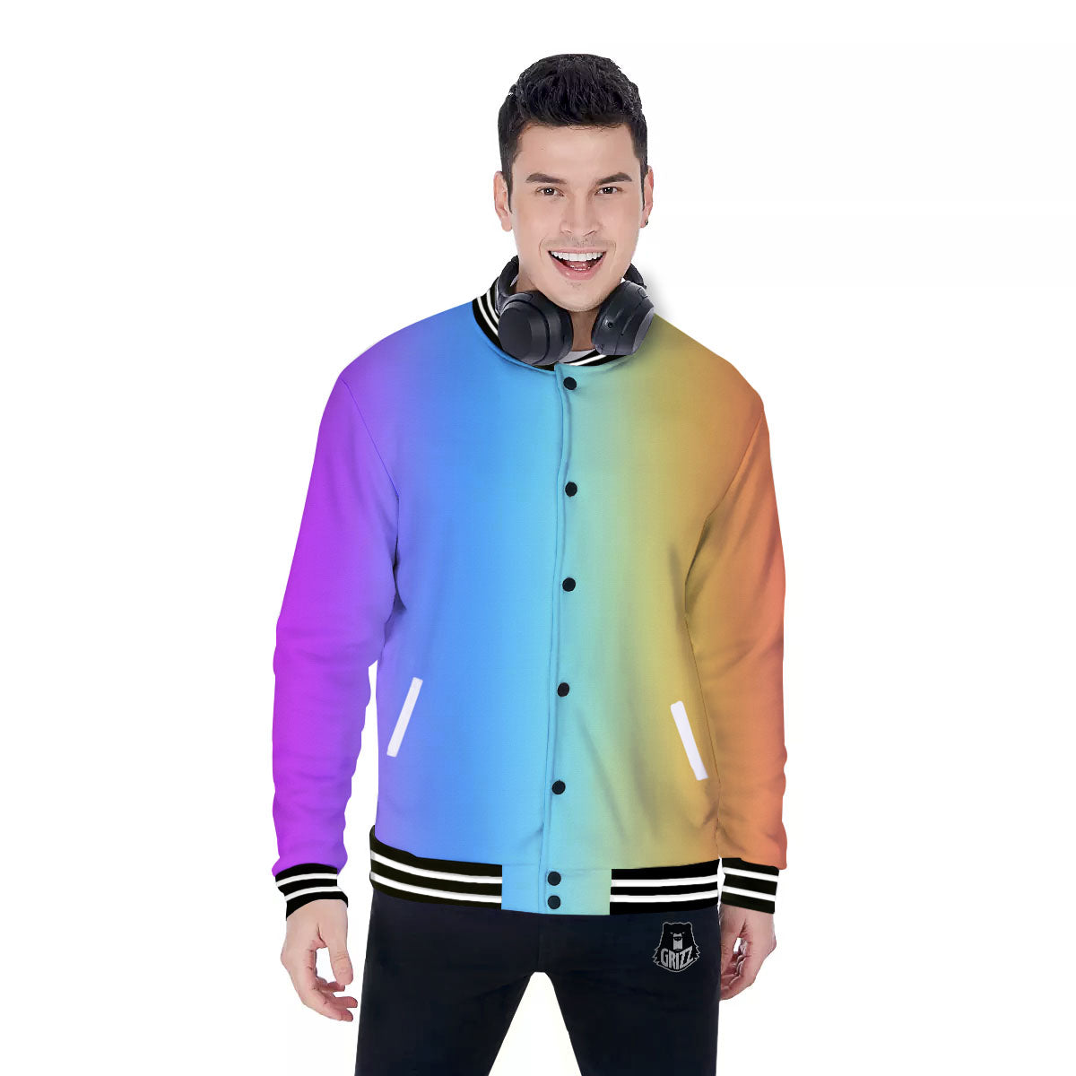 Gradient Rainbow Print Pattern Baseball Jacket-grizzshop