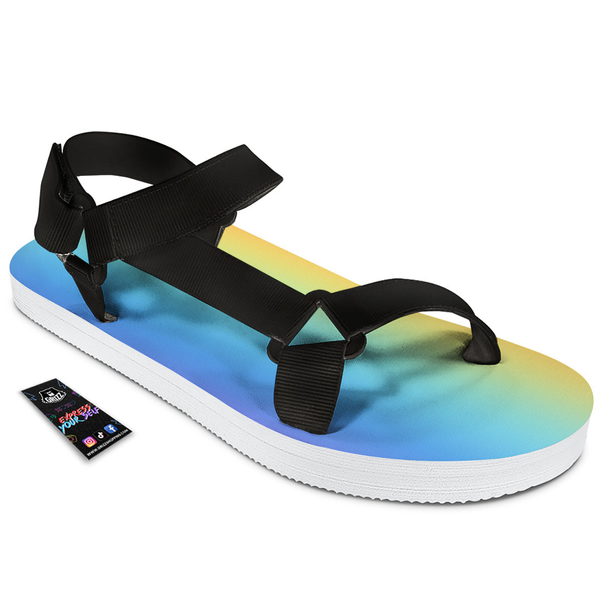 Gradient Rainbow Print Pattern Black Open Toe Sandals-grizzshop