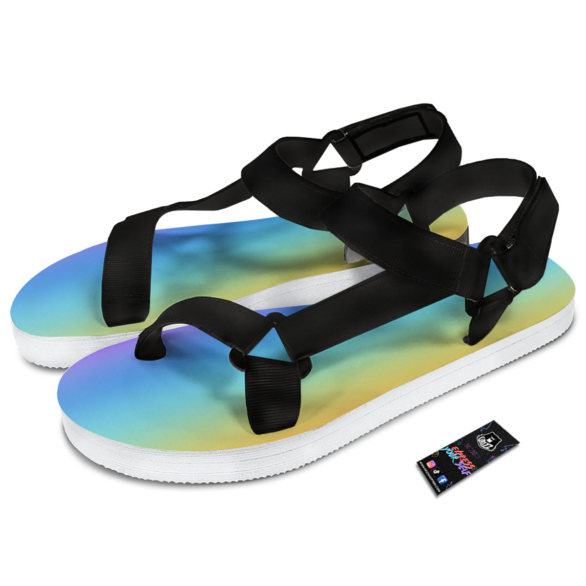 Gradient Rainbow Print Pattern Black Open Toe Sandals-grizzshop